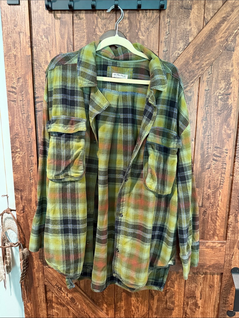 We The Free Olive Green Plaid Jean Jacket with Black and Orange Accents